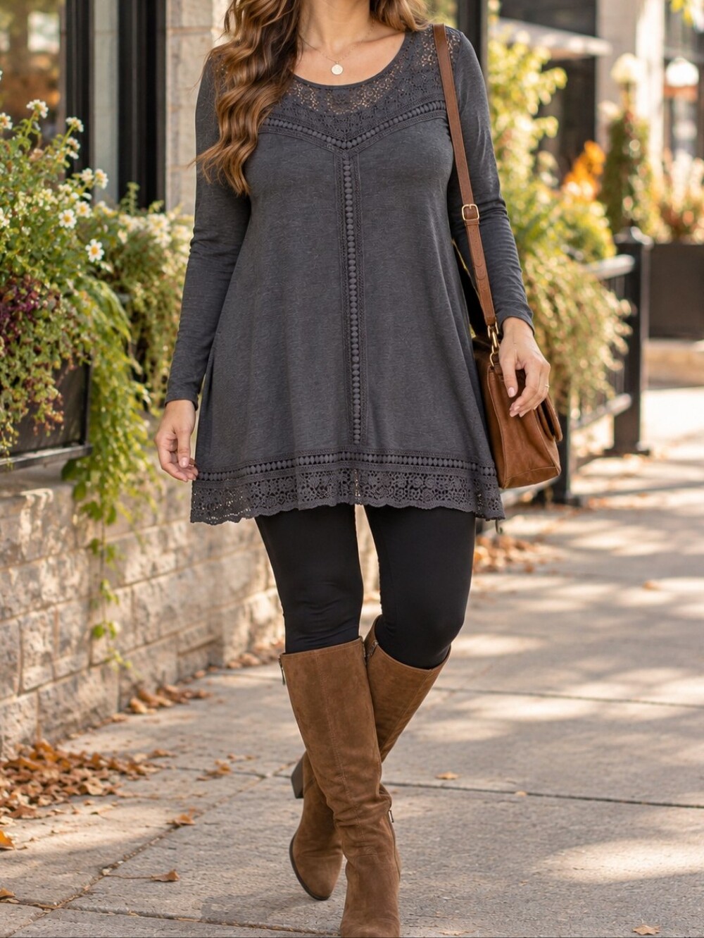 NWT Papillon Blanc Charcoal Gray Crochet Trim Long Sleeve Tunic Dress Stretch